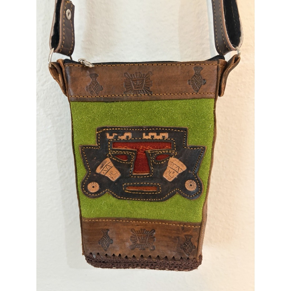 Handmade Peruvian Leather Crossbody Bag Andean Tribal Mask Motif Boho Sling Bag